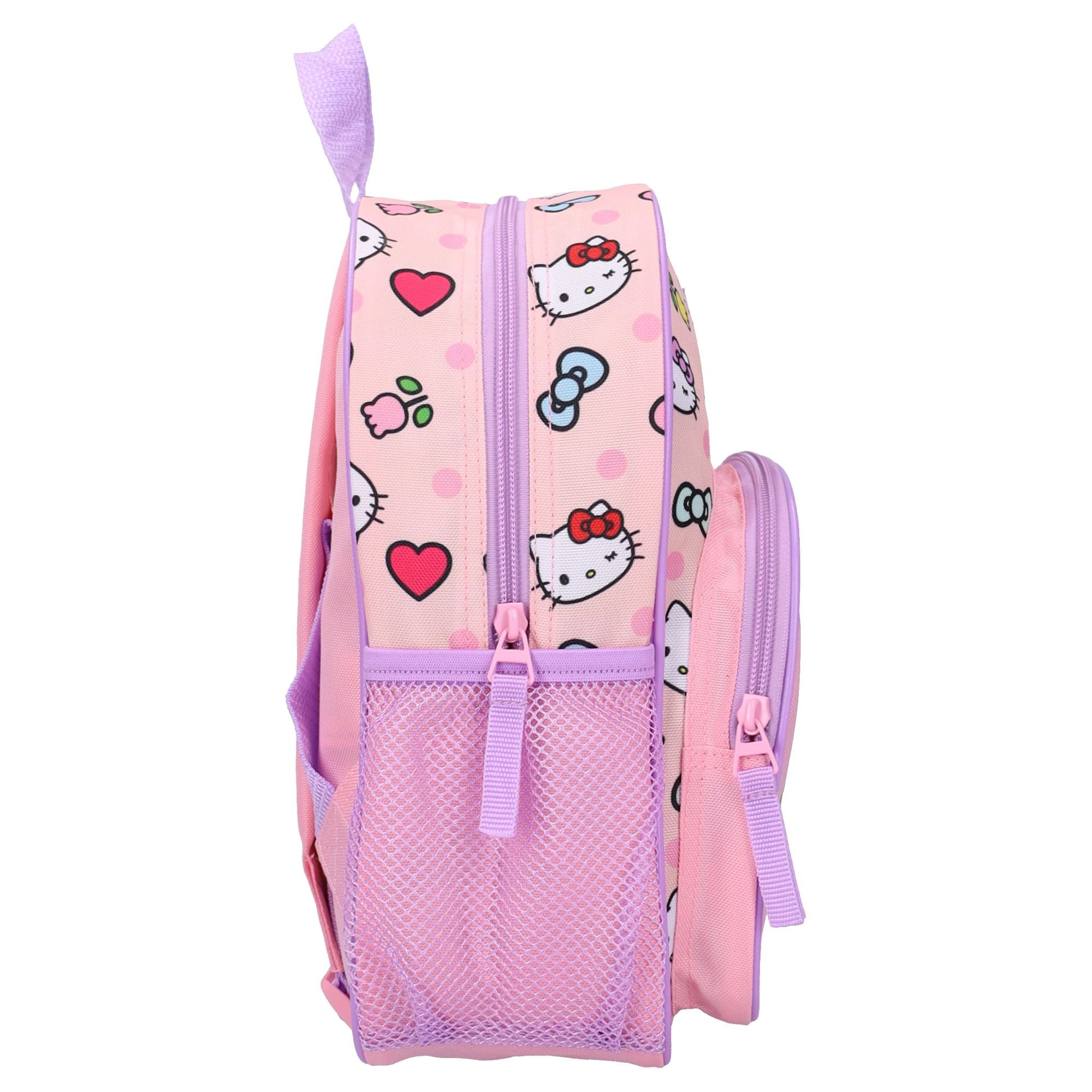 Seitenansicht des rosa Hello Kitty Rucksacks mit lila Netztasche für Getränke und Reißverschluss-Details.