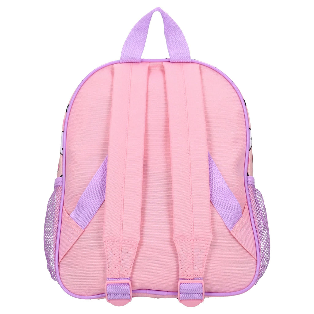 Ergonomische Rückenansicht des rosa Rucksacks mit gepolsterten Schultergurten und fliederfarbener Trageschlaufe.
