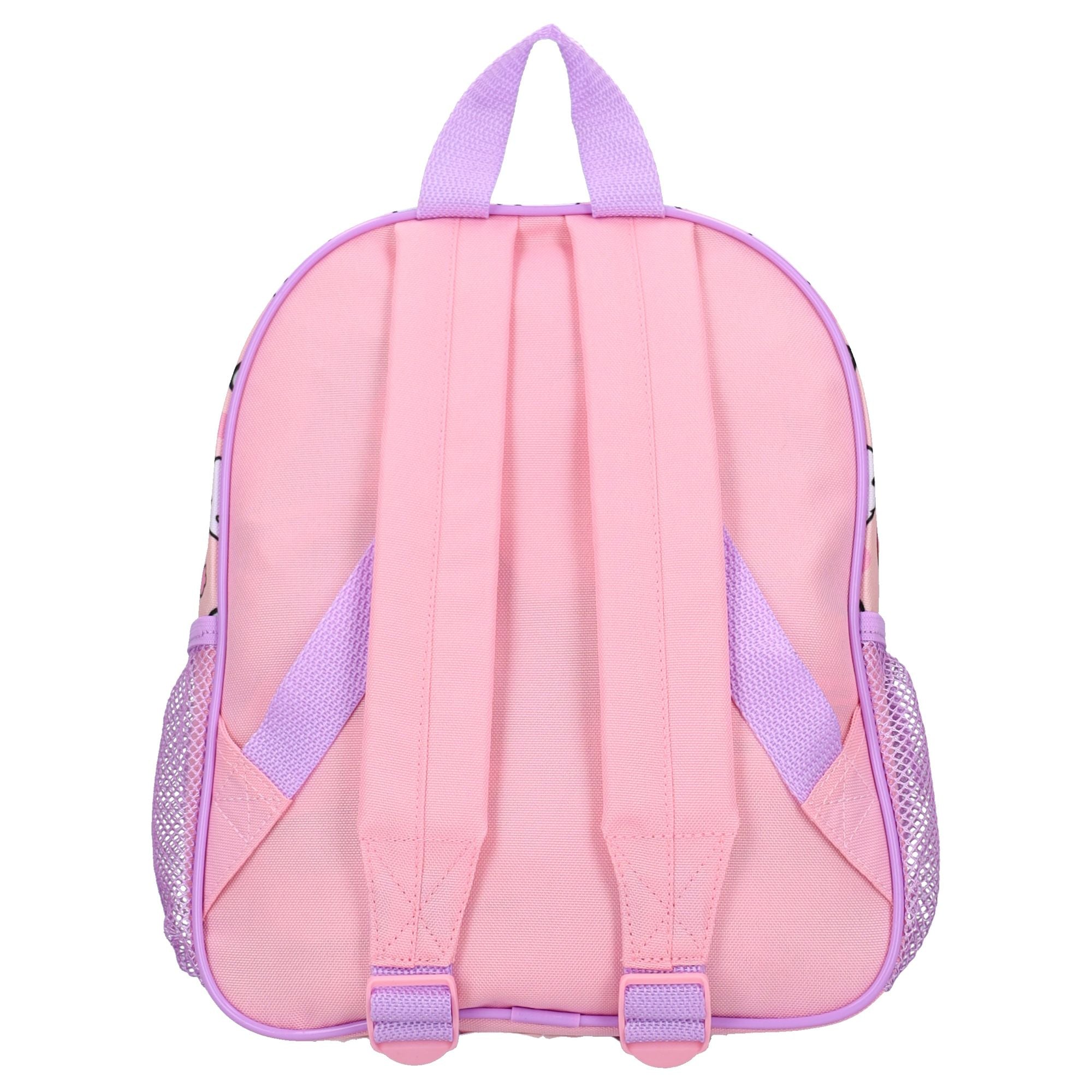 Ergonomische Rückenansicht des rosa Rucksacks mit gepolsterten Schultergurten und fliederfarbener Trageschlaufe.