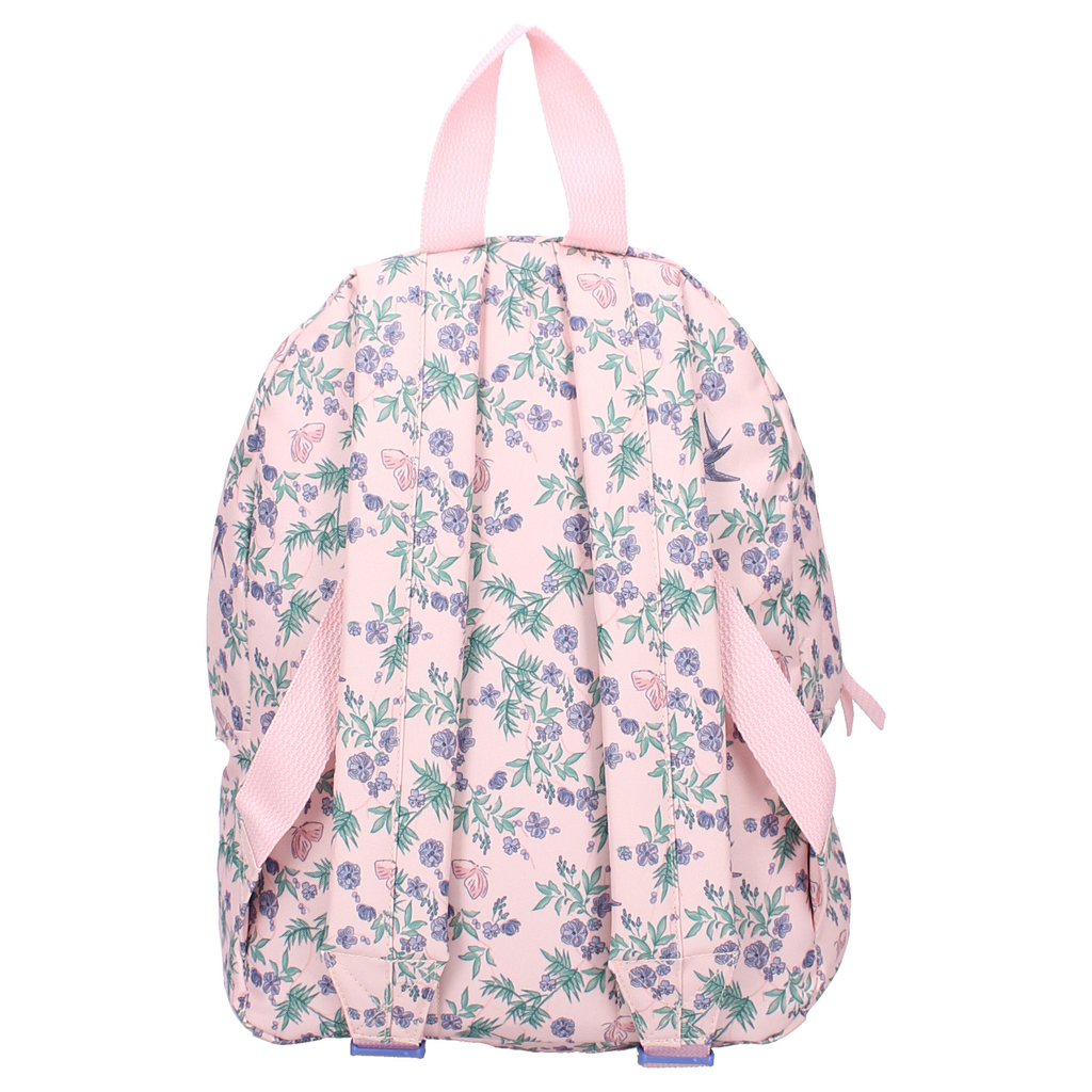 Rückansicht des rosa Winnie Puuh Rucksacks mit verstellbaren Schultergurten und rosa Trageschlaufe.