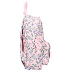 Seitenansicht des rosa Kinderrucksacks mit zartem Blumen- und Schmetterlingsmuster sowie Reißverschluss-Vortasche.