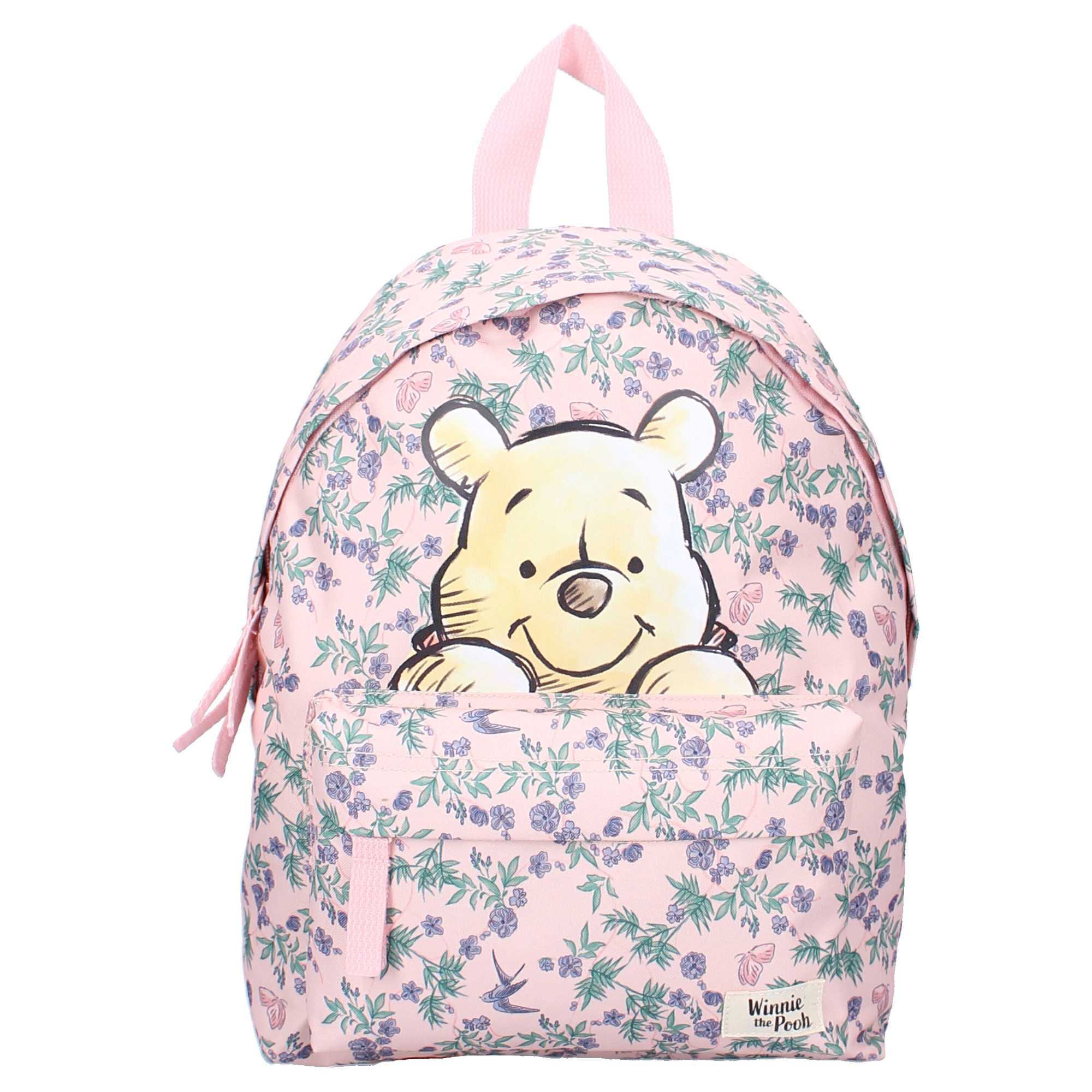 Frontalansicht des Winnie Puuh Rucksacks mit schauendem Bären-Motiv über der Fronttasche und „Winnie the Pooh“-Logo.