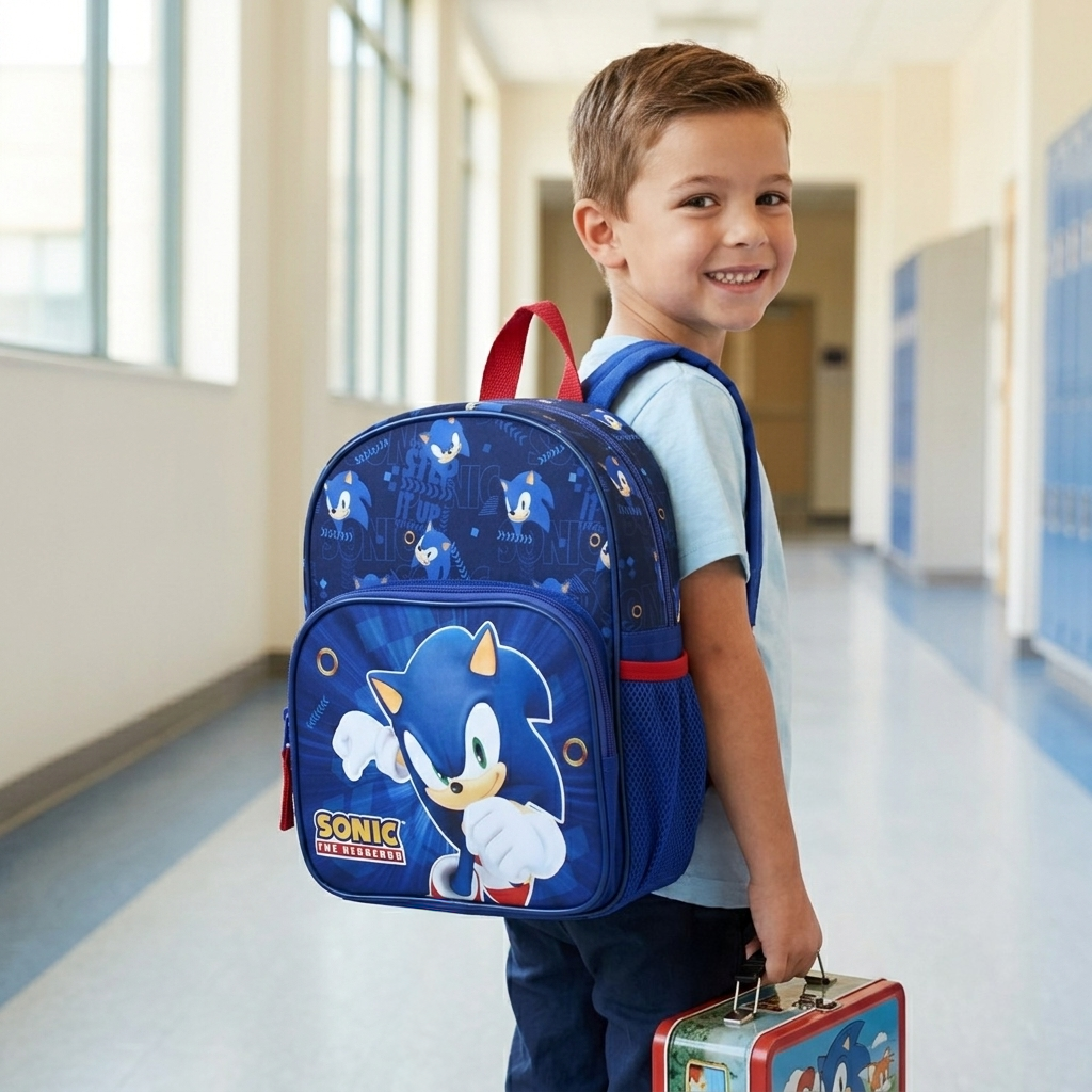 Lächelnder Junge auf einem Schulflur mit einem blauen Sonic-the-Hedgehog-Rucksack auf dem Rücken und einer passenden Lunchbox in der Hand.