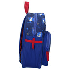 Seitenansicht des blauen Sonic-Rucksacks mit seitlichem Netzfach für Getränkeflaschen und Reißverschlüssen mit roten Bändern.