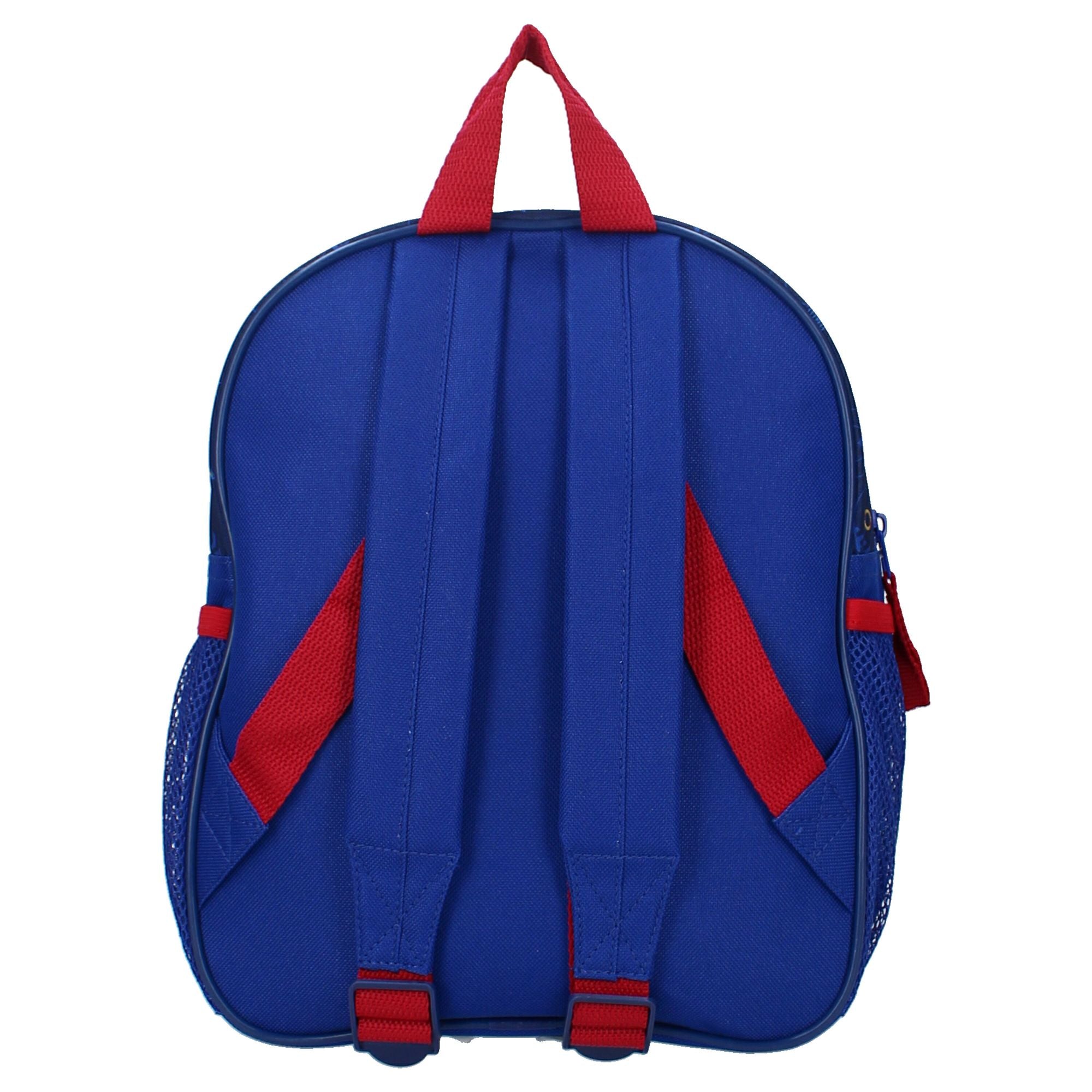 Rückansicht des blauen Sonic-Rucksacks mit verstellbaren, gepolsterten Schultergurten und roter Trageschlaufe.