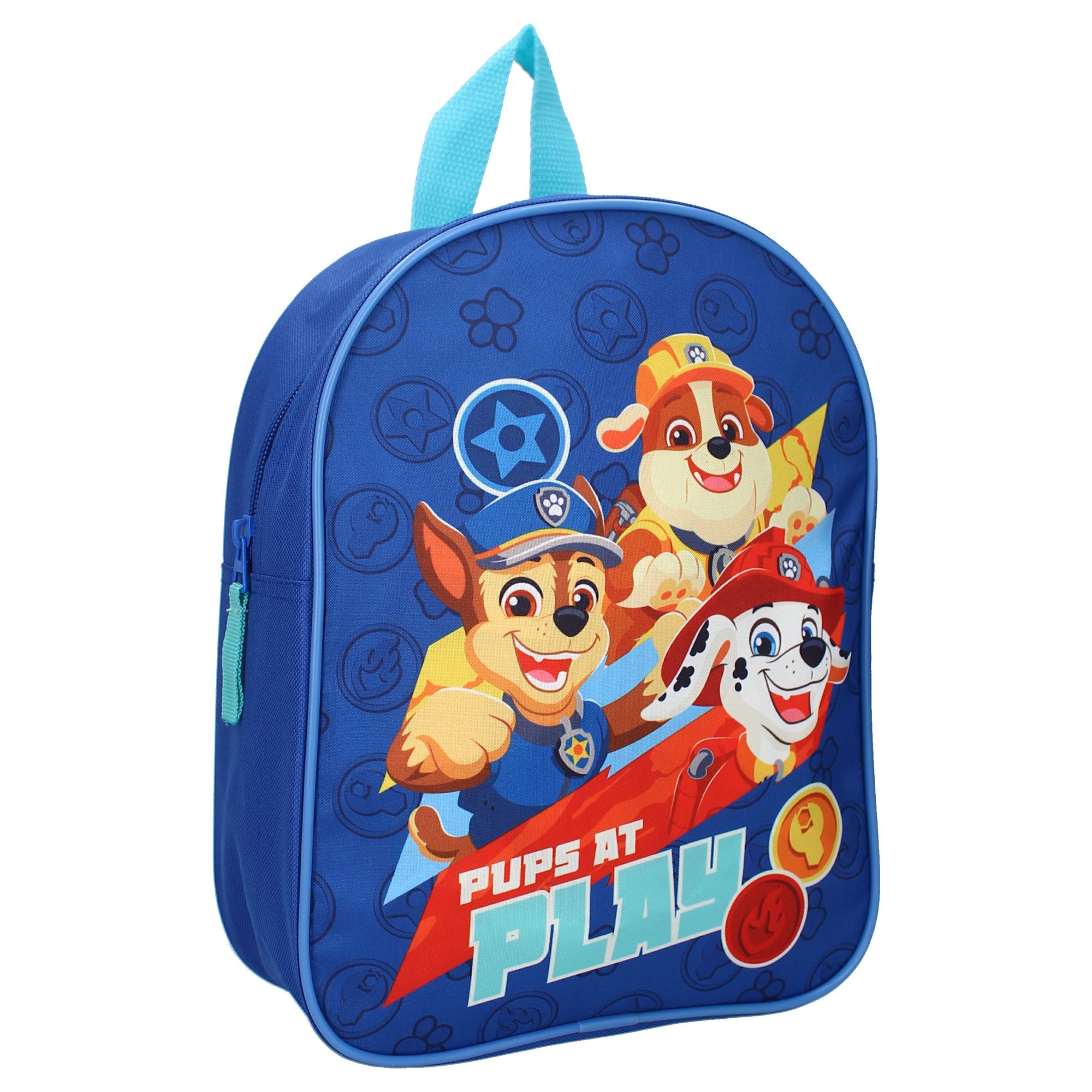 Schräge Frontansicht des blauen Paw Patrol Kinderrucksacks mit den Charakteren Chase, Marshall und Rubble.