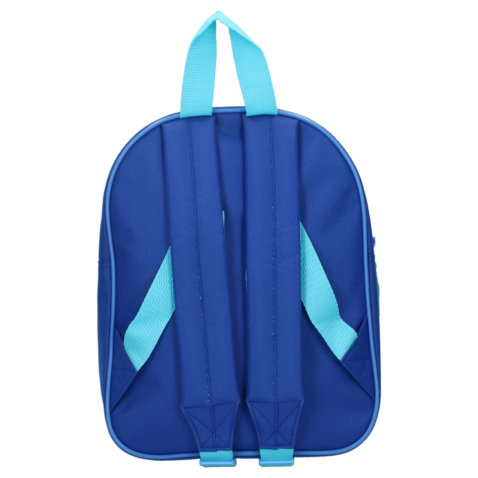 Rückansicht des blauen Paw Patrol Rucksacks mit blauen Schultergurten und türkisfarbener Aufhängeschlaufe.