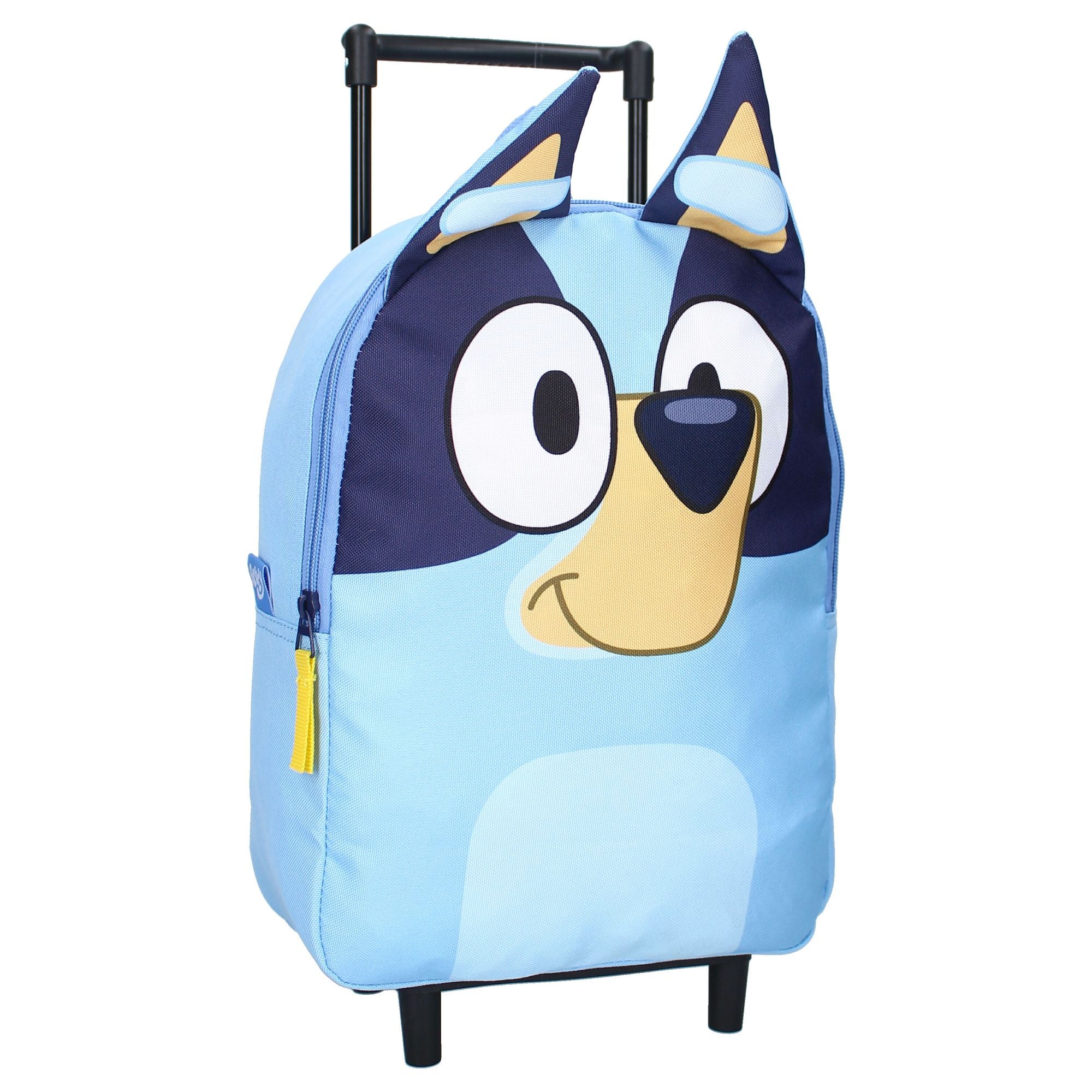 Schräge Frontansicht des blauen Bluey Trolley-Rucksacks mit Rollen und ausziehbarem Griff.
