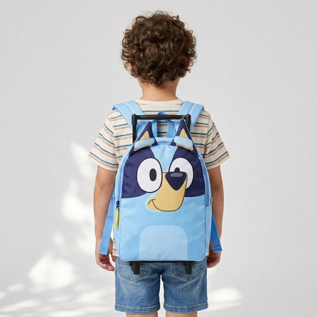 Kind von hinten mit dem blauen Bluey Trolley-Rucksack und integrierten Ohren am oberen Rand.