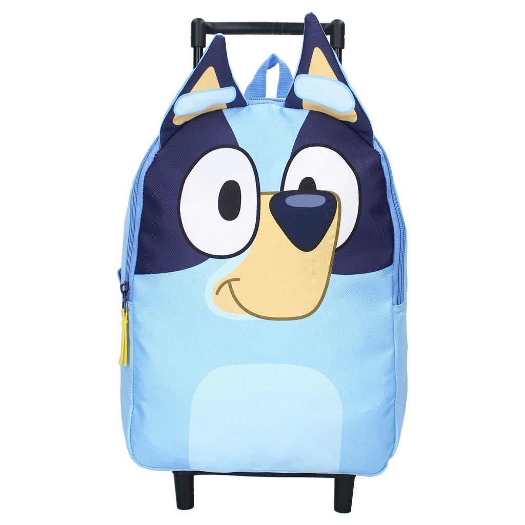 Frontalansicht des blauen Bluey Kinder-Trolleys mit großem Charakter-Gesicht und abstehenden Ohren.