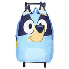 Frontalansicht des blauen Bluey Kinder-Trolleys mit großem Charakter-Gesicht und abstehenden Ohren.