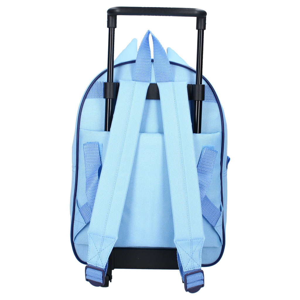Rückansicht des blauen Bluey Trolleys mit verstellbaren Schultergurten und schwarzem Gestänge.