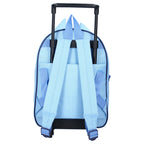 Rückansicht des blauen Bluey Trolleys mit verstellbaren Schultergurten und schwarzem Gestänge.