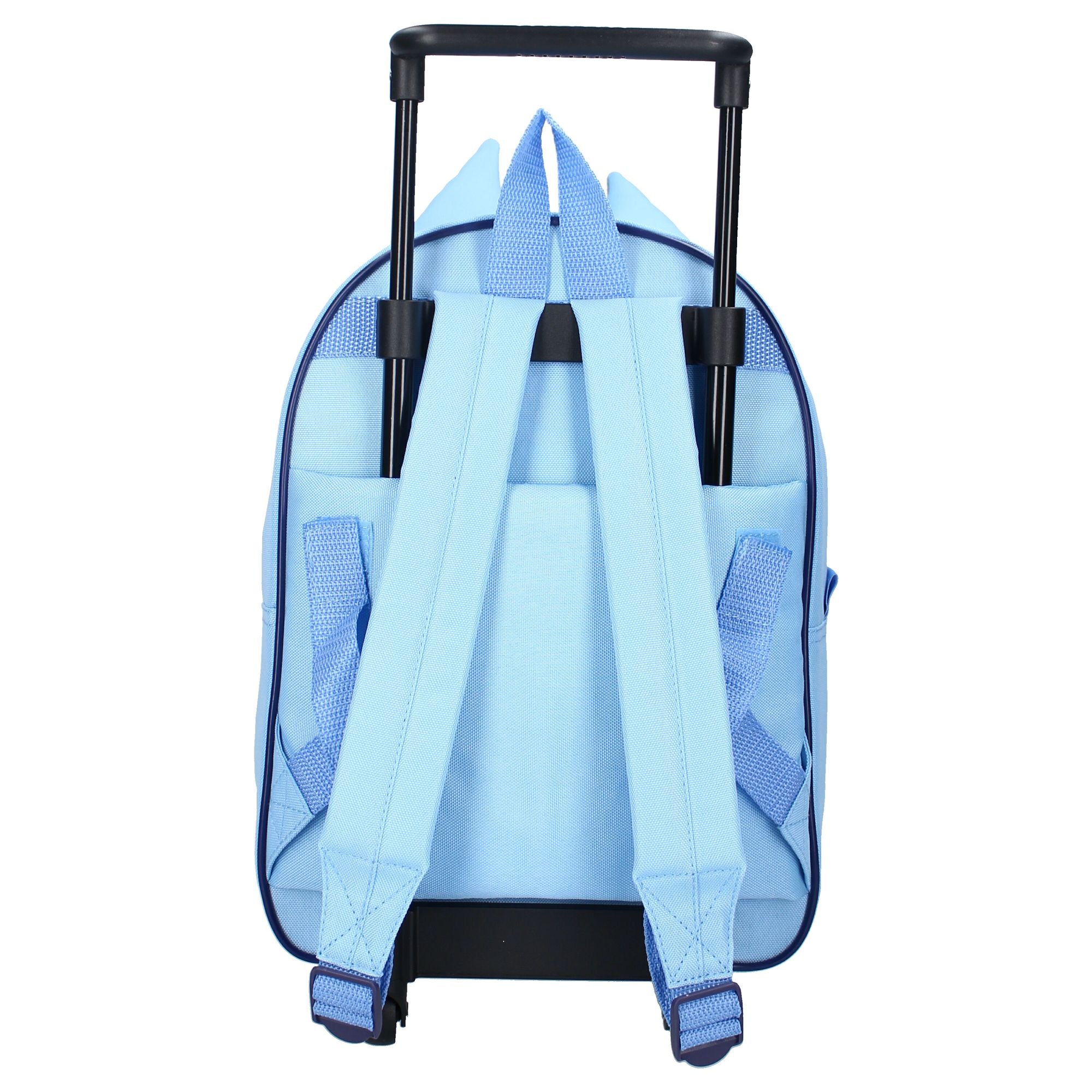 Rückansicht des blauen Bluey Trolleys mit verstellbaren Schultergurten und schwarzem Gestänge.