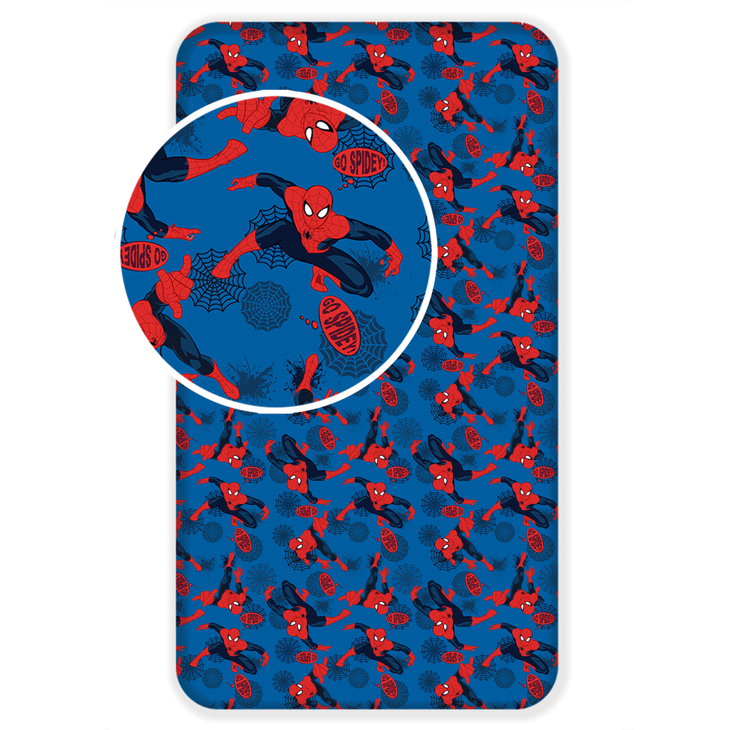 Freigestellte Produktansicht von Spider-Man Spannbettlaken 90 x 200 + 25 cm 100% Baumwolle Blau