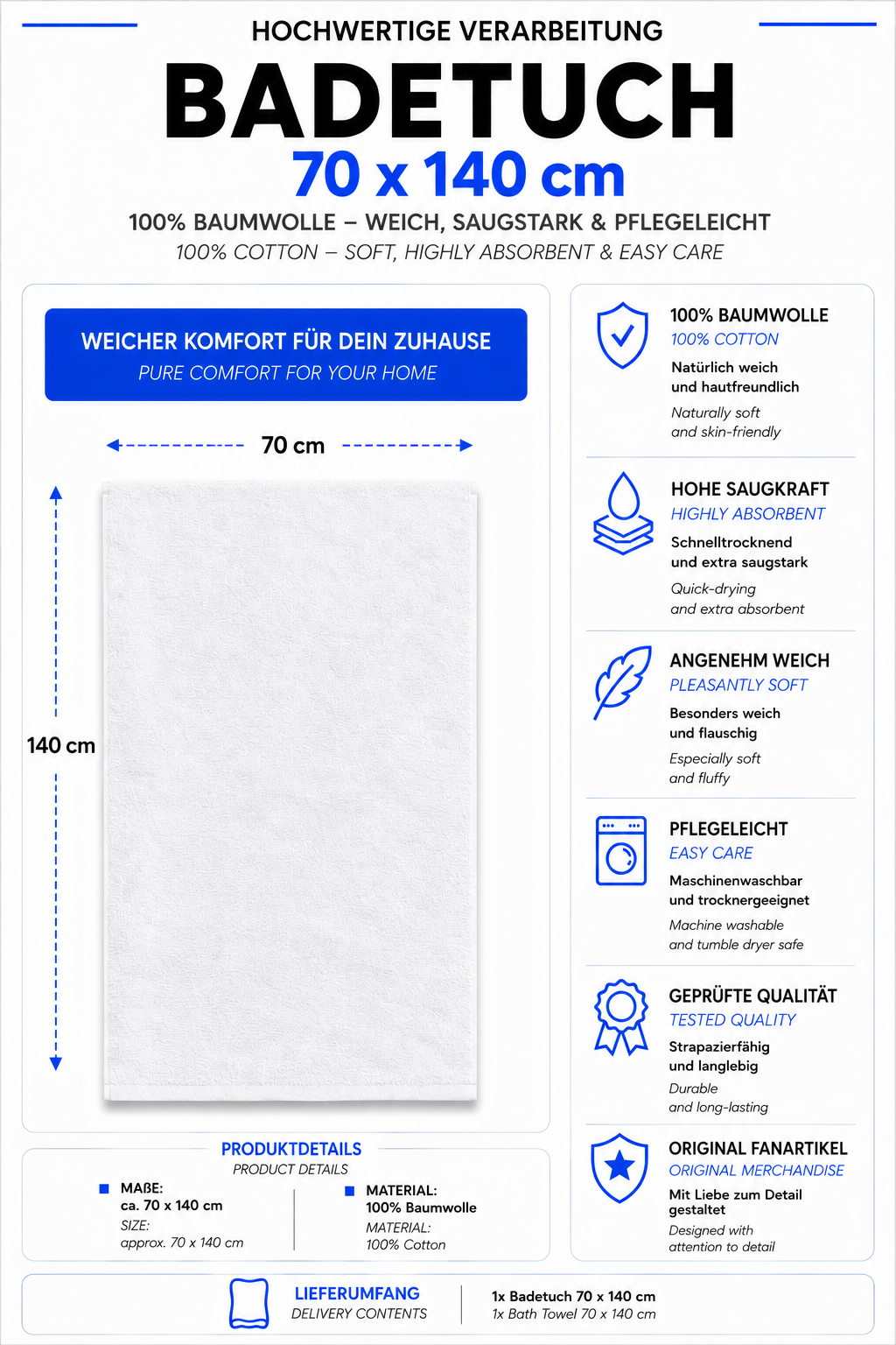 Eine informative Produktgrafik für ein Badetuch in der Größe von 70 x 140 cm aus 100 % Baumwolle mit Details zu Eigenschaften wie hoher Saugkraft, flauschiger Weichheit, Pflegeleichtigkeit und als Original-Fanartikel.