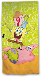 Freigestellte Produktansicht vom SpongeBob Duschtuch Badetuch Strandtuch 70 x 140 cm 100% Baumwolle.