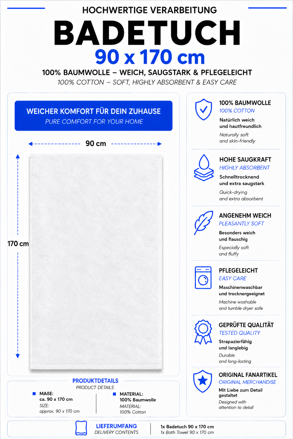 Eine informative Produktgrafik für ein großes Badetuch in der Größe von 90 x 170 cm aus 100 % Baumwolle mit Details zu Eigenschaften wie hoher Saugkraft, flauschiger Weichheit, Pflegeleichtigkeit und als Original-Fanartikel.