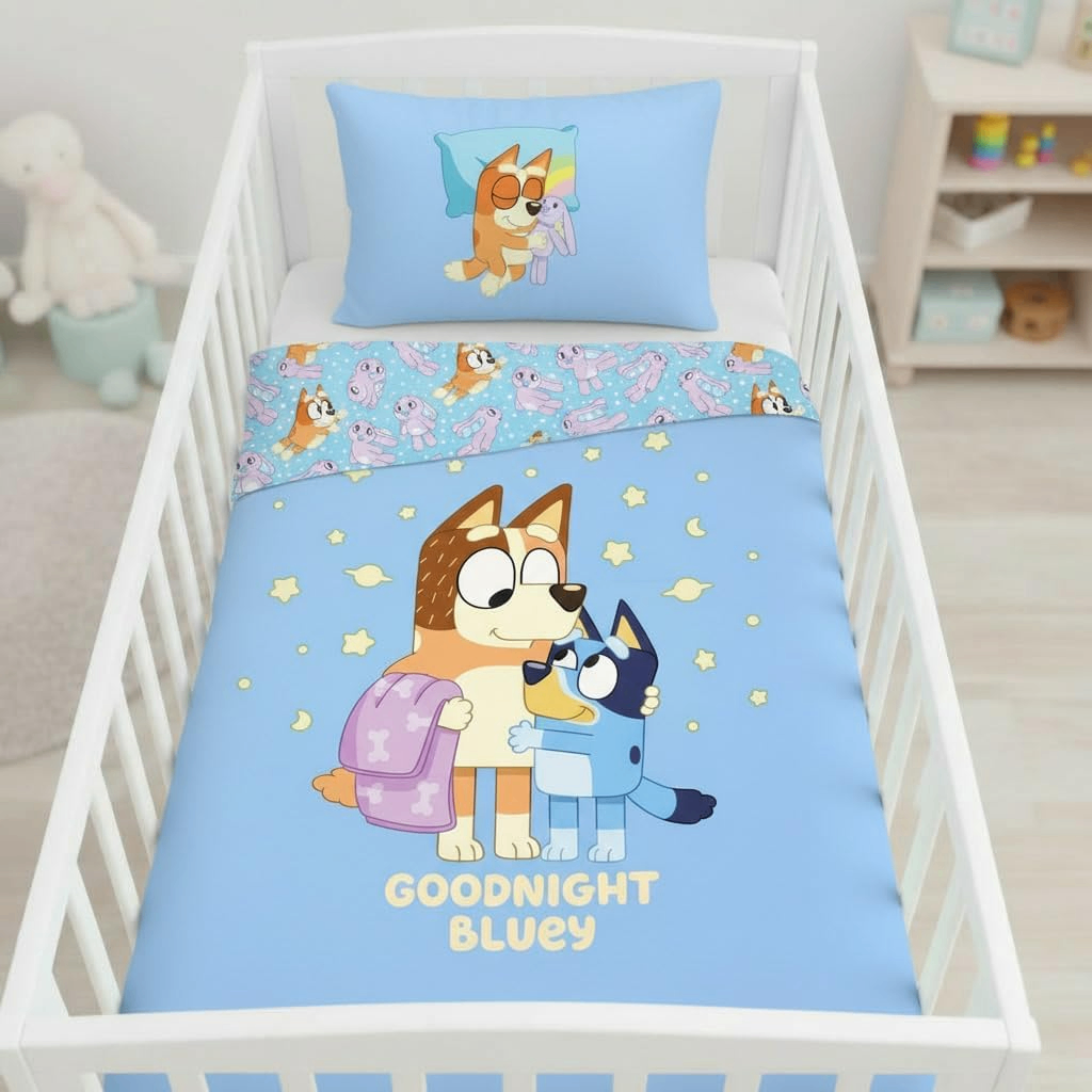 Ambiente-Aufnahme vom Bluey Babybettwäsche Set Goodnight 100x140 + 40x60 cm 100% Baumwolle in einem Babybett.