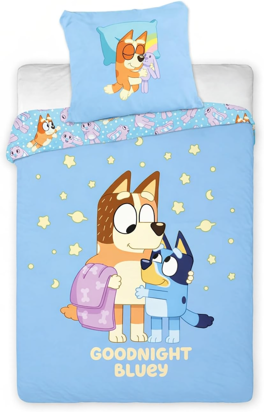 Freigestellte Produktansicht von Bluey Babybettwäsche Set Goodnight 100x140 + 40x60 cm 100% Baumwolle