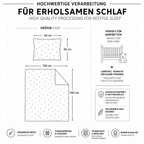 Eine informative Produktgrafik mit den Maßen von 40 x 60 für den Kissenbezug und 100 x 140 cm für den Bettbezug sowie Hinweisen zu schadstoffgeprüfter Qualität, Hautfreundlichkeit und Eigenschaften wie angenehmer Weichheit und Pflegeleichtigkeit.