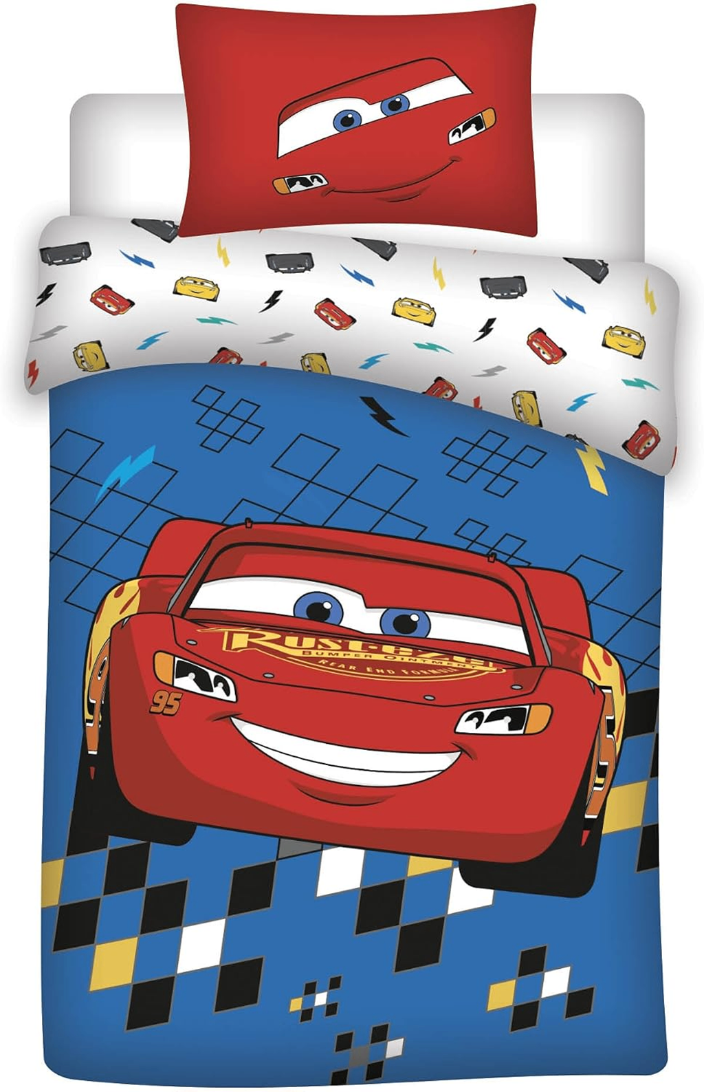 Freigestellte Produktansicht von der Vorderseite vom Cars Babybettwäsche Set Lightning McQueen 100x140 cm 100% Baumwolle