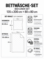 Produktgrafik für ein Bettwäsche-Set in 135 x 200 cm und 80 x 80 cm aus Polycotton mit maschinenwaschbaren und trocknergeeigneten Eigenschaften.