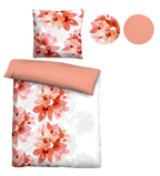Freigestellte Produktansicht vom Polycotton-Biber-Bettwäsche Set Blume 135x200 + 80x80 cm 2-teilig mit Vorderseite und Rückseite vom Design in einer Detailansicht.