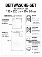 Produktgrafik für ein Bettwäsche-Set in 155 x 220 cm und 80 x 80 cm aus Polycotton mit Angaben zu Maschinenwaschbarkeit, Trocknereignung und Set-Inhalt (1x Bettbezug, 1x Kissenbezug).