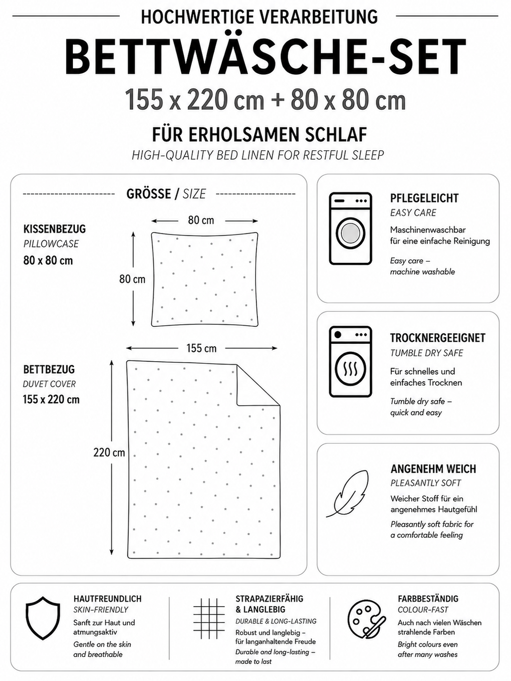 Produktgrafik für ein Bettwäsche-Set in 155 x 220 cm und 80 x 80 cm mit hautfreundlichen und pflegeleichten Eigenschaften sowie langanhaltender Farbbeständigkeit.
