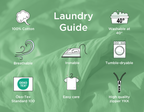 Infografik „Laundry Guide“ auf grünem Stoffhintergrund; zeigt Symbole für Baumwolle, waschbar bei 40°C, bügelbar, trocknergeeignet sowie für einen hochwertigen YKK-Reißverschluss.