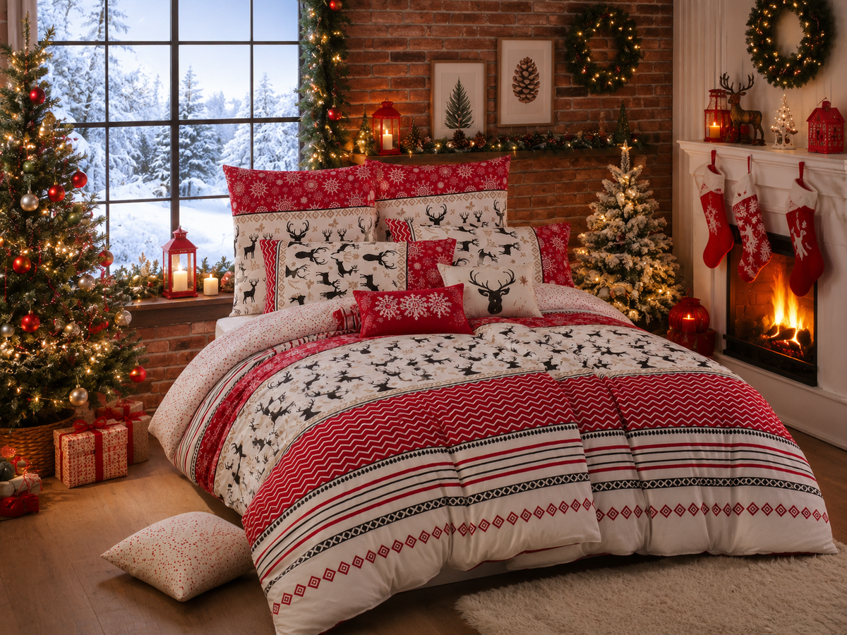 Ambiente Aufnahme vom Bettwäsche Set BREEZE 100% Baumwolle, 135 x 200 cm, 2-teilig in einem Bett. Warme und Weihnachtliche Atmosphäre.