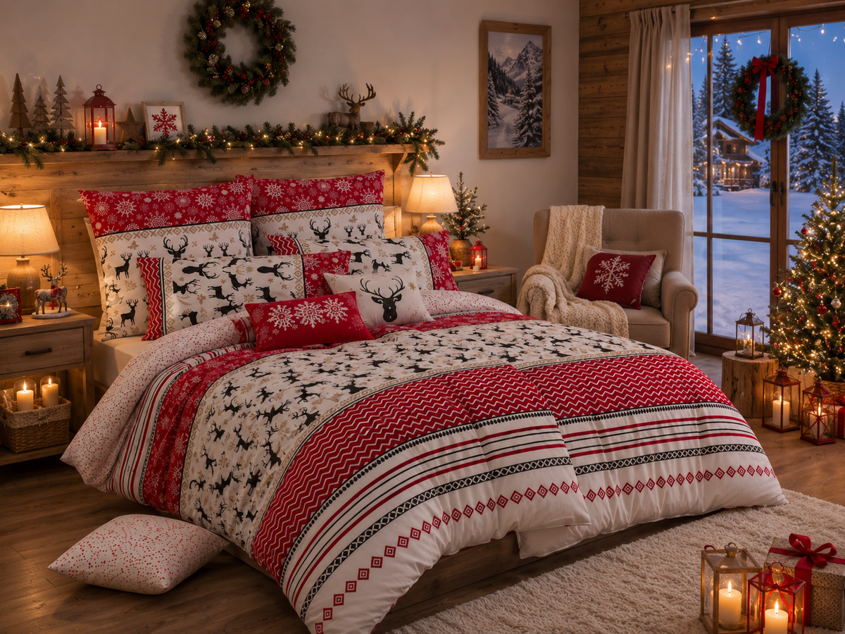 Ambiente Aufnahme vom Bettwäsche Set BREEZE 100% Baumwolle, 135 x 200 cm, 2-teilig in einem Bett. Warme und Weihnachtliche Atmosphäre.