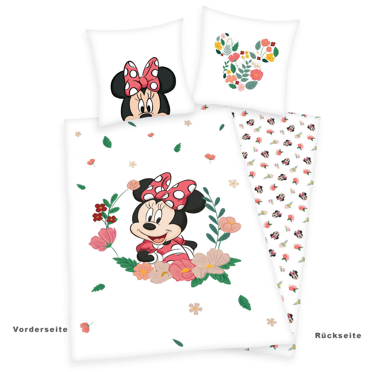 Freigestellte Vorderseite und Rückseite von der Disney's Minnie Mouse Flanell-Bettwäsche 135x200 + 80x80 cm Baumwolle