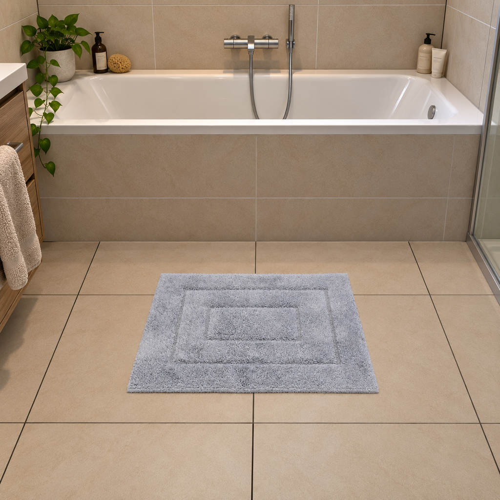 Ambiente Aufnahme von der Badematte Badteppich Duschvorleger 50 x 60 cm Rechteckig Hellgrau vor einer Badewanne