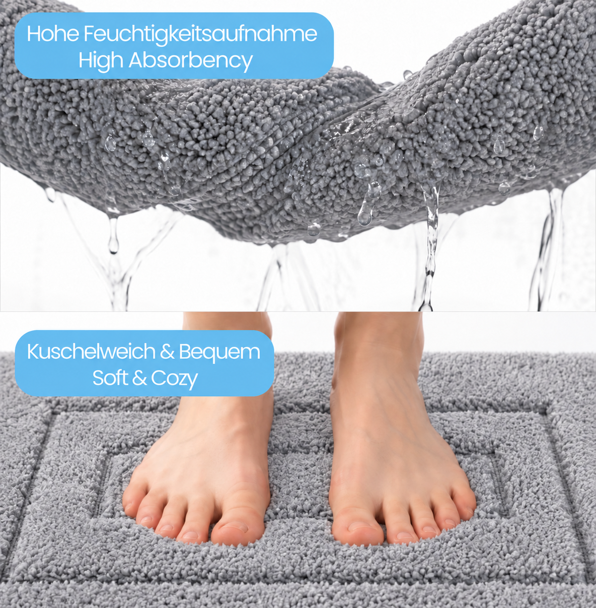 Zweigeteilte Grafik; oben saugfähiges Textil mit Wasser, unten nackte Füße auf flauschiger Badematte; mit den Textfeldern „Hohe Feuchtigkeitsaufnahme / High Absorbency“ und „Kuschelweich & Bequem / Soft & Cozy“.