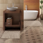 Ambiente Aufnahme von der Badematte Badteppich Duschvorleger 60 x 100 cm Rechteckig Welle Beige vor einem Waschbecken und einer Badewanne