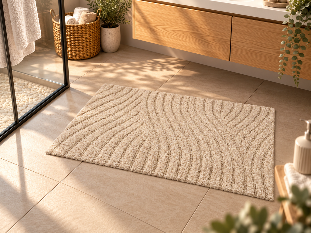 Badematte Badteppich Duschvorleger 60 x 100 cm Rechteckig Welle Beige in einem Badezimmer