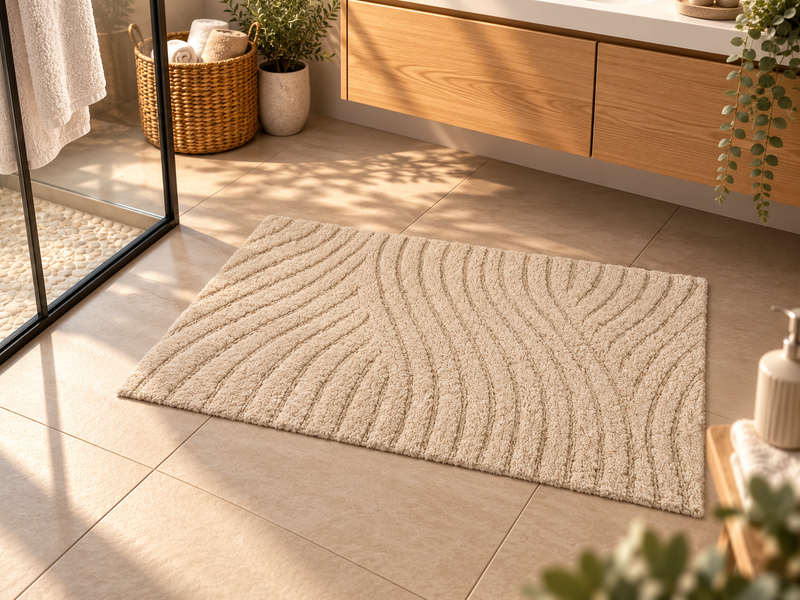 Badematte Badteppich Duschvorleger 60 x 100 cm Rechteckig Welle Beige in einem Badezimmer