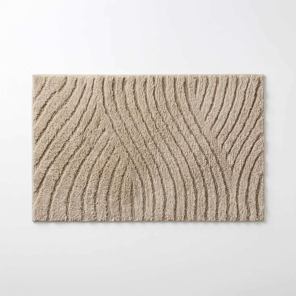 Freigestellte Produktansicht von der Badematte Badteppich Duschvorleger 60 x 100 cm Rechteckig Welle Beige