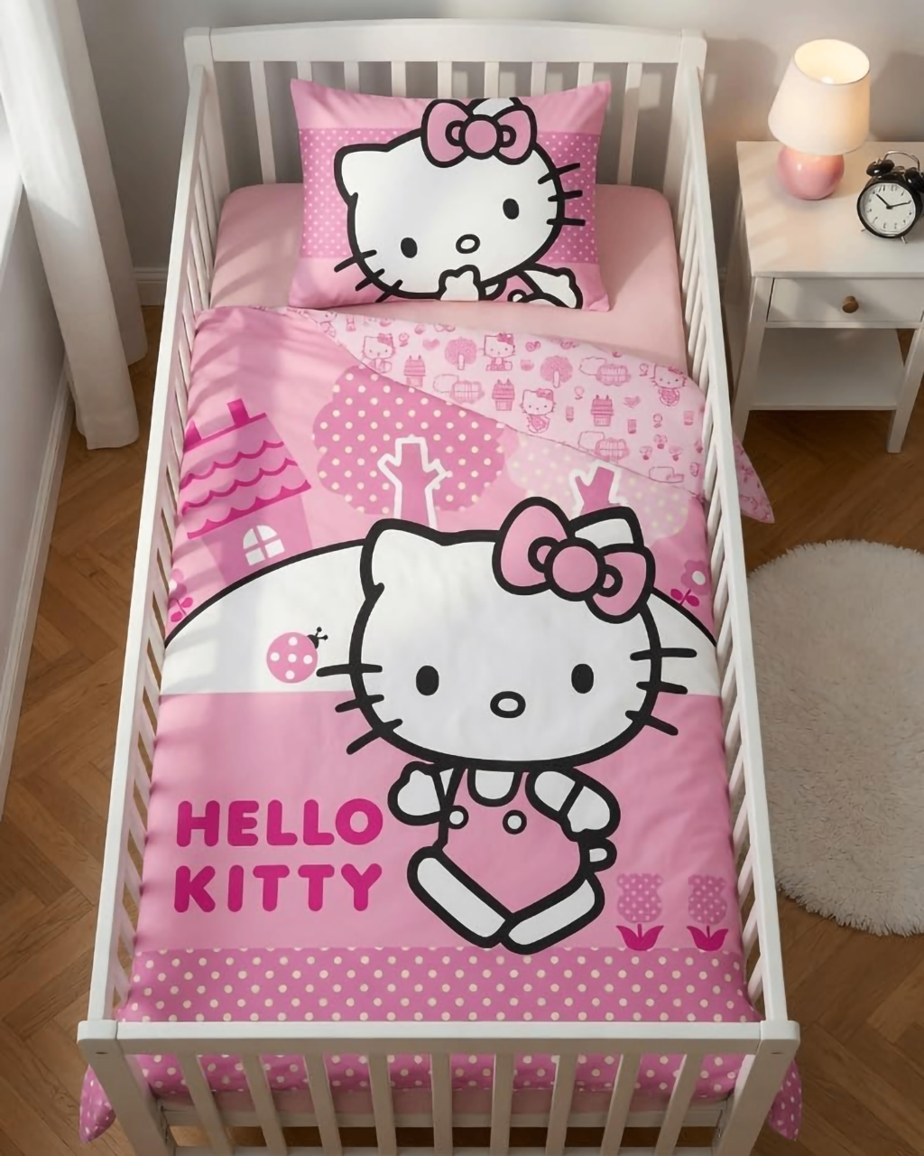 Ambiente Aufnahme vom Hello Kitty Baby Bettwäsche Set 100x135 cm + 40x60 cm 100% Baumwolle in einem Bett. Ansicht von oben auf das Bett.