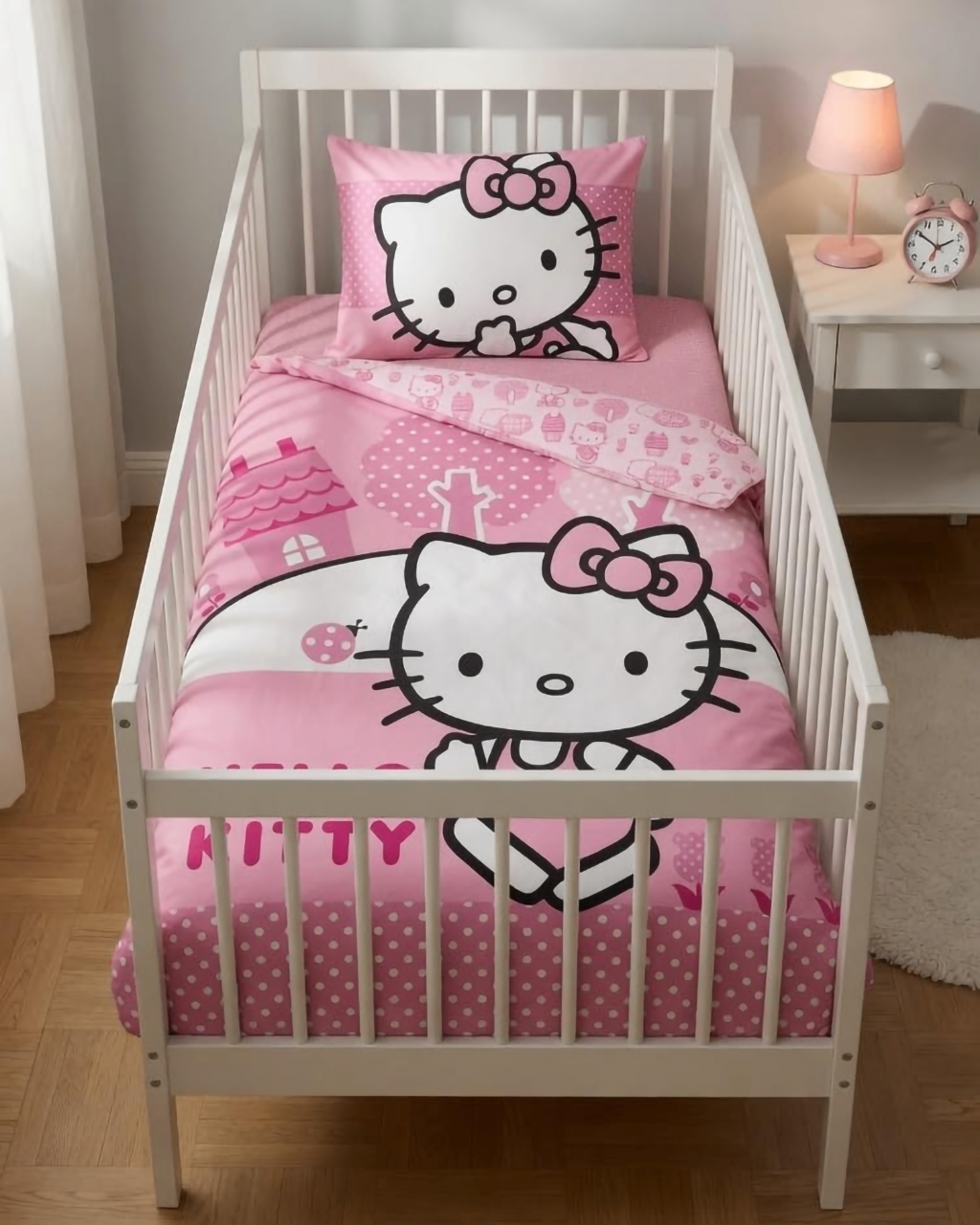 Ambiente Aufnahme vom Hello Kitty Baby Bettwäsche Set 100x135 cm + 40x60 cm 100% Baumwolle in einem Bett