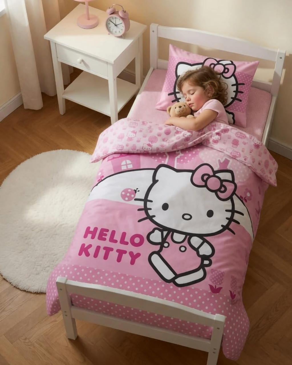 Mädchen schläft in einem Bett mit dem Hello Kitty Baby Bettwäsche Set 100x135 cm + 40x60 cm 100% Baumwolle