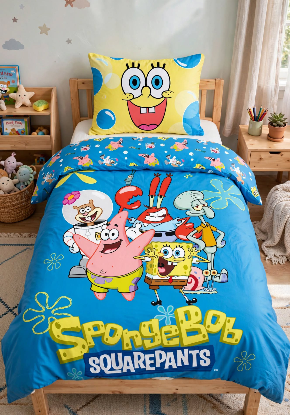 Ambiente Aufnahme vom SpongeBob Baby Bettwäsche Set 100x135 cm + 40x60 cm 100% Baumwolle in einem Bett