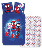 Freigestellte Produktansicht von der Vorderseite und Rückseite vom Spidey Baby Bettwäsche Set 100x135 cm + 40x60 cm 100% Baumwolle
