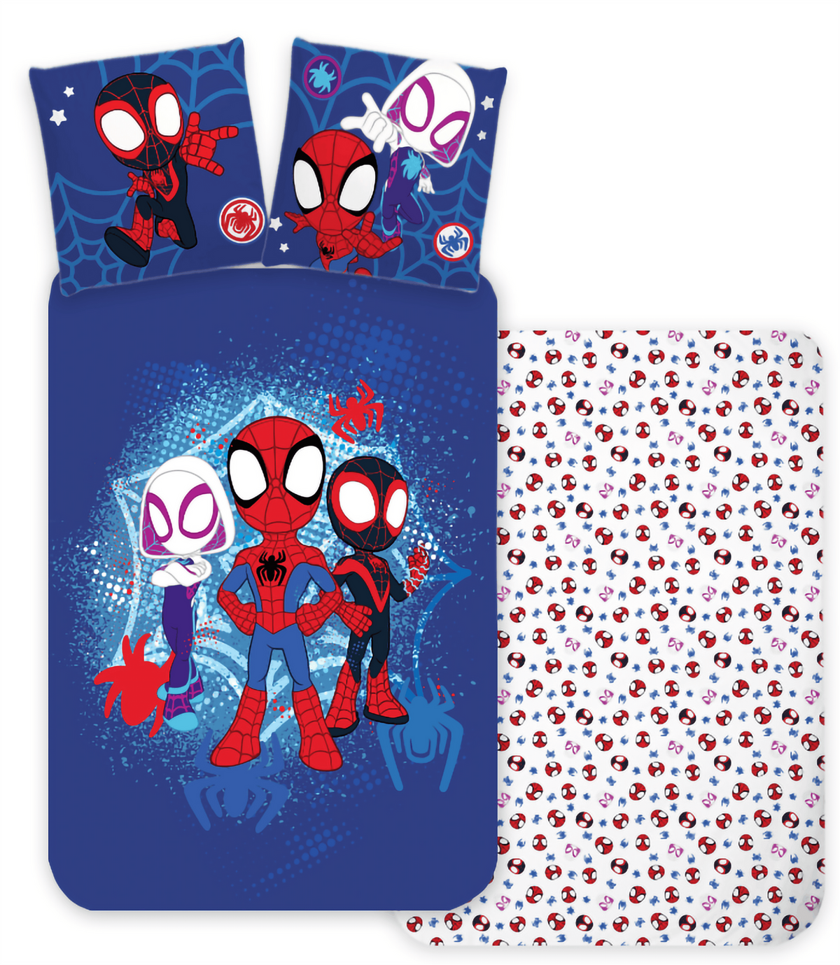 Freigestellte Produktansicht von der Vorderseite und Rückseite vom Spidey Baby Bettwäsche Set 100x135 cm + 40x60 cm 100% Baumwolle