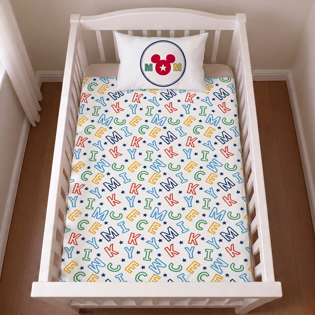 Ambiente Aufnahme der Rückseite vom Disney Mickey Mouse Baby Bettwäsche Set 100 x 135 cm 100% Baumwolle in einem Bett