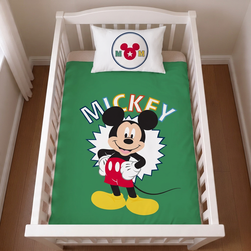 Ambiente Aufnahme der Vorderseite des Bettbezugs und Rückseite des Kopfkissens vom Disney Mickey Mouse Baby Bettwäsche Set 100 x 135 cm 100% Baumwolle in einem Bett