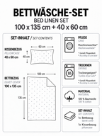 Produktgrafik für ein Bettwäsche-Set in 100 x 135 cm und 40 x 60 cm aus 100 % Baumwolle mit Angaben zu Maschinenwaschbarkeit, Trocknereignung und Set-Inhalt (1x Bettbezug, 1x Kissenbezug).
