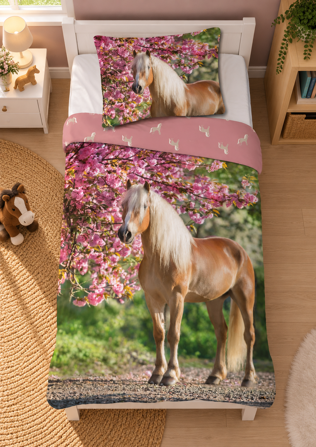 Ambiente Aufnahme vom Pferd Cherry Blossom Baby Bettwäsche Set 100 x 135 cm 100% Baumwolle in einem Bett